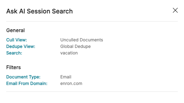 Search interface displaying filters for email documents from enron.com about vacation.